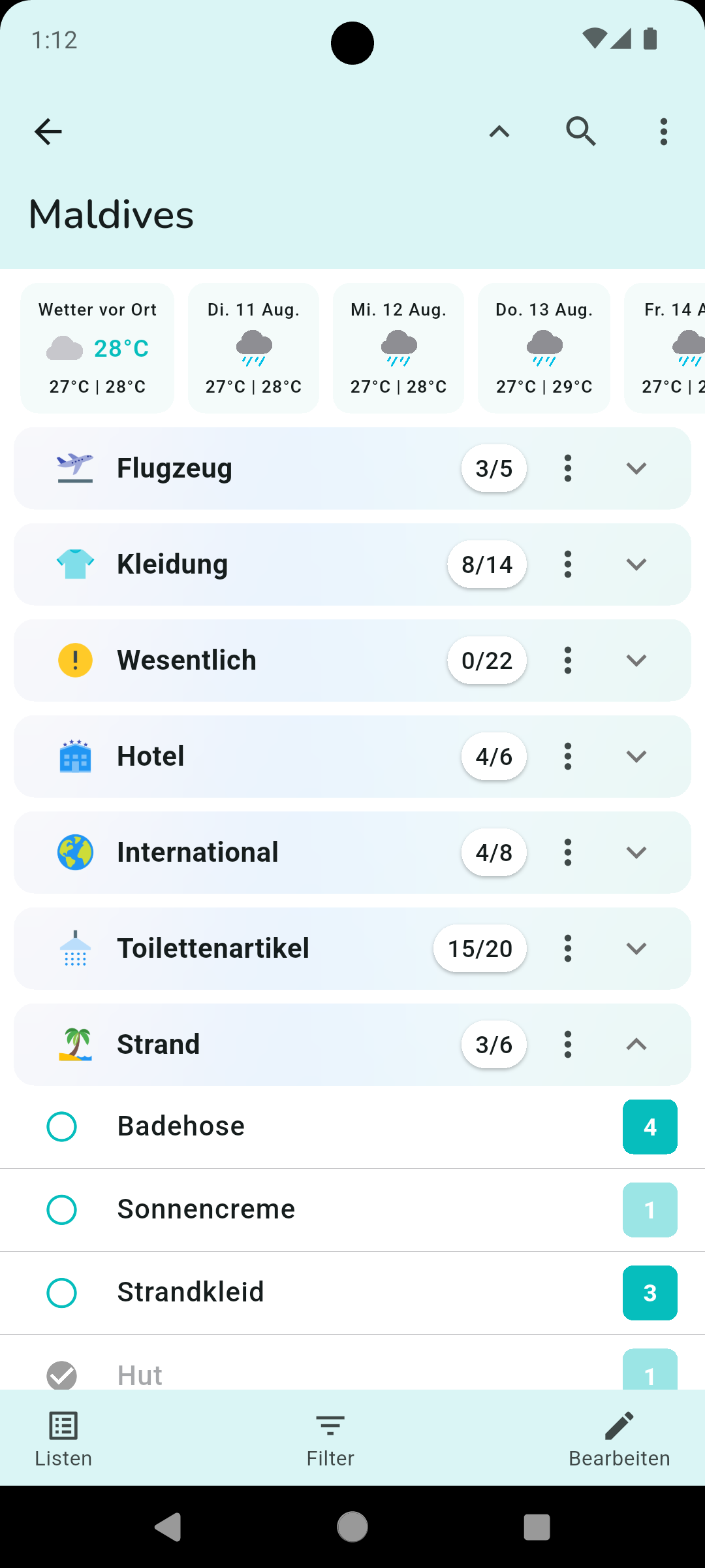Die Packr App auf Android mit einer für eine Reise erstellten Packliste