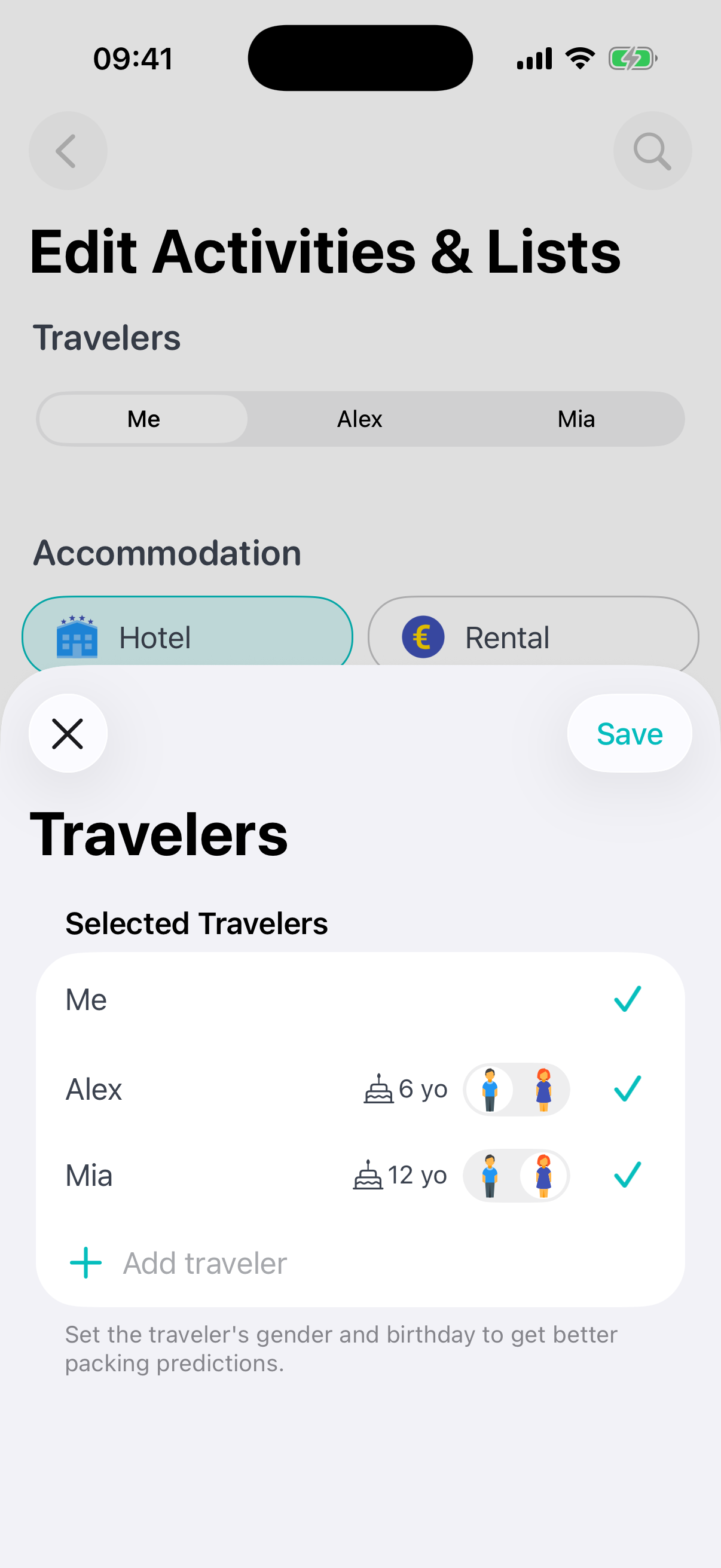 Packr showing separate packing lists for several travelers on one trip