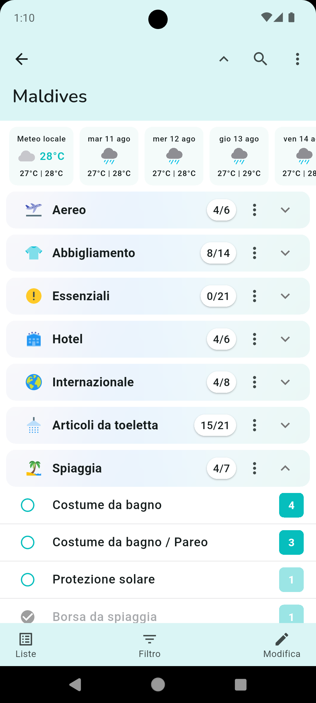L'app Packr su Android, con la lista creata per un viaggio