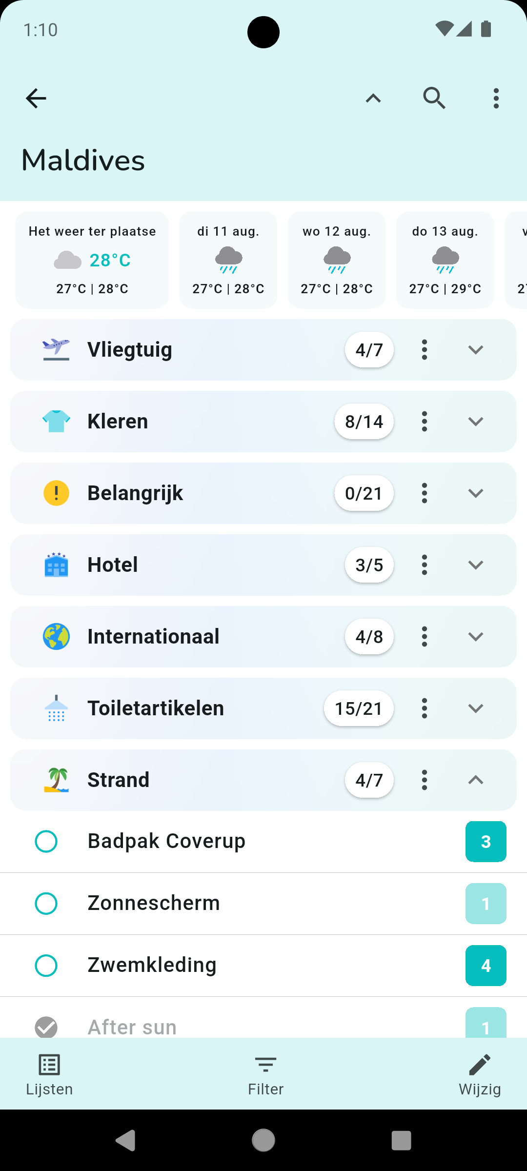 De Packr-app op Android met een paklijst die voor een reis is gemaakt